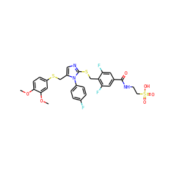 COc1ccc(SCc2cnc(SCc3c(F)cc(C(=O)NCCS(=O)(=O)O)cc3F)n2-c2ccc(F)cc2)cc1OC ZINC001772647401