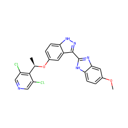COc1ccc2[nH]c(-c3n[nH]c4ccc(O[C@H](C)c5c(Cl)cncc5Cl)cc34)nc2c1 ZINC000653829447