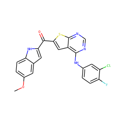 COc1ccc2[nH]c(C(=O)c3cc4c(Nc5ccc(F)c(Cl)c5)ncnc4s3)cc2c1 ZINC000073197997