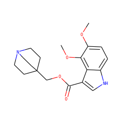 COc1ccc2[nH]cc(C(=O)OCC34CCN(CC3)CC4)c2c1OC ZINC001772657925