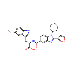 COc1ccc2[nH]cc(C[C@H](NC(=O)c3ccc4c(c3)nc(-c3ccoc3)n4C3CCCCC3)C(=O)O)c2c1 ZINC000028091853