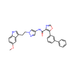 COc1ccc2[nH]cc(CCn3cc(NC(=O)c4ncoc4-c4cccc(-c5ccccc5)c4)cn3)c2c1 ZINC000201579642