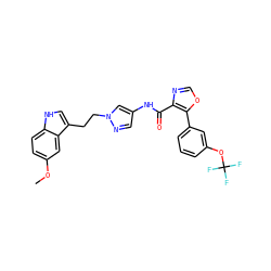 COc1ccc2[nH]cc(CCn3cc(NC(=O)c4ncoc4-c4cccc(OC(F)(F)F)c4)cn3)c2c1 ZINC000201519759