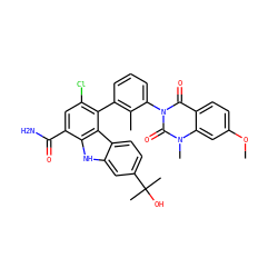 COc1ccc2c(=O)n(-c3cccc(-c4c(Cl)cc(C(N)=O)c5[nH]c6cc(C(C)(C)O)ccc6c45)c3C)c(=O)n(C)c2c1 ZINC000223043627