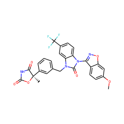 COc1ccc2c(-n3c(=O)n(Cc4cccc([C@@]5(C)OC(=O)NC5=O)c4)c4cc(C(F)(F)F)ccc43)noc2c1 ZINC000073198145