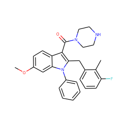 COc1ccc2c(C(=O)N3CCNCC3)c(Cc3cccc(F)c3C)n(-c3ccccc3)c2c1 ZINC000043206835
