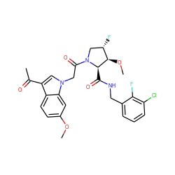 COc1ccc2c(C(C)=O)cn(CC(=O)N3C[C@H](F)[C@@H](OC)[C@H]3C(=O)NCc3cccc(Cl)c3F)c2c1 ZINC000148037034