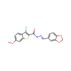 COc1ccc2c(Cl)c(C(=O)N/N=C/c3ccc4c(c3)OCO4)sc2c1 ZINC000001215293