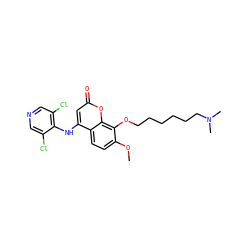 COc1ccc2c(Nc3c(Cl)cncc3Cl)cc(=O)oc2c1OCCCCCCN(C)C ZINC000084466091