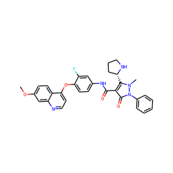 COc1ccc2c(Oc3ccc(NC(=O)c4c([C@@H]5CCCN5)n(C)n(-c5ccccc5)c4=O)cc3F)ccnc2c1 ZINC000084759486