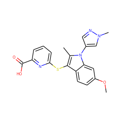 COc1ccc2c(Sc3cccc(C(=O)O)n3)c(C)n(-c3cnn(C)c3)c2c1 ZINC001772582516