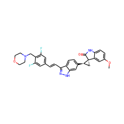 COc1ccc2c(c1)[C@]1(C[C@H]1c1ccc3c(/C=C/c4cc(F)c(CN5CCOCC5)c(F)c4)n[nH]c3c1)C(=O)N2 ZINC000144975503