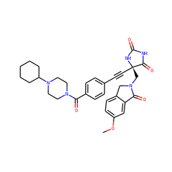 COc1ccc2c(c1)C(=O)N(C[C@@]1(C#Cc3ccc(C(=O)N4CCN(C5CCCCC5)CC4)cc3)NC(=O)NC1=O)C2 ZINC000143246101