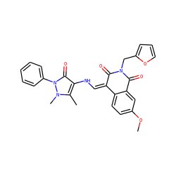 COc1ccc2c(c1)C(=O)N(Cc1ccco1)C(=O)/C2=C\Nc1c(C)n(C)n(-c2ccccc2)c1=O ZINC000018141967