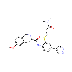COc1ccc2c(c1)C[C@H](C(=O)Nc1ccc(-c3cn[nH]c3)cc1SCCC(=O)N(C)C)NC2 ZINC000058569494