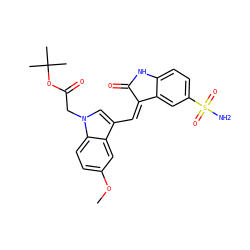 COc1ccc2c(c1)c(/C=C1\C(=O)Nc3ccc(S(N)(=O)=O)cc31)cn2CC(=O)OC(C)(C)C ZINC000013538972