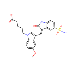 COc1ccc2c(c1)c(/C=C1\C(=O)Nc3ccc(S(N)(=O)=O)cc31)cn2CCCCC(=O)O ZINC000013538961