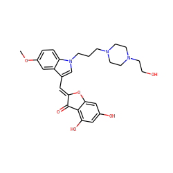 COc1ccc2c(c1)c(/C=C1\Oc3cc(O)cc(O)c3C1=O)cn2CCCN1CCN(CCO)CC1 ZINC000049073374