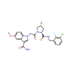 COc1ccc2c(c1)c(C(N)=O)cn2CC(=O)N1C[C@H](F)C[C@H]1C(=O)NCc1cccc(Cl)c1F ZINC000144042518