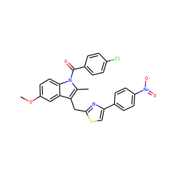 COc1ccc2c(c1)c(Cc1nc(-c3ccc([N+](=O)[O-])cc3)cs1)c(C)n2C(=O)c1ccc(Cl)cc1 ZINC000028761105