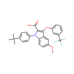 COc1ccc2c(c1)c(Oc1cccc(C(F)(F)F)c1)c(C(=O)O)n2-c1ccc(C(C)(C)C)cc1 ZINC000028527478