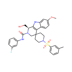 COc1ccc2c3c([nH]c2c1)[C@H](CO)N(C(=O)Nc1cccc(F)c1)CC31CCN(S(=O)(=O)c2cccc(C)c2)CC1 ZINC000095604534