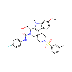 COc1ccc2c3c(n(C)c2c1)[C@@H](CO)N(C(=O)Nc1ccc(F)cc1)CC31CCN(S(=O)(=O)c2cccc(C)c2)CC1 ZINC000095599519