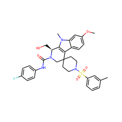 COc1ccc2c3c(n(C)c2c1)[C@H](CO)N(C(=O)Nc1ccc(F)cc1)CC31CCN(S(=O)(=O)c2cccc(C)c2)CC1 ZINC000095599918