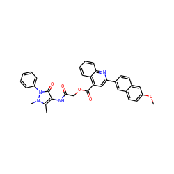 COc1ccc2cc(-c3cc(C(=O)OCC(=O)Nc4c(C)n(C)n(-c5ccccc5)c4=O)c4ccccc4n3)ccc2c1 ZINC000003237124