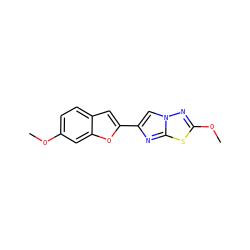 COc1ccc2cc(-c3cn4nc(OC)sc4n3)oc2c1 ZINC000653768324