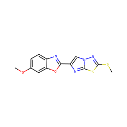 COc1ccc2nc(-c3cn4nc(SC)sc4n3)oc2c1 ZINC000205961531