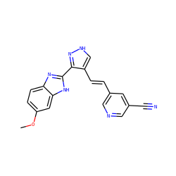 COc1ccc2nc(-c3n[nH]cc3/C=C/c3cncc(C#N)c3)[nH]c2c1 ZINC000028896762