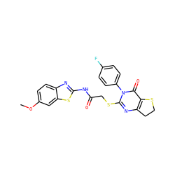 COc1ccc2nc(NC(=O)CSc3nc4c(c(=O)n3-c3ccc(F)cc3)SCC4)sc2c1 ZINC000095582262