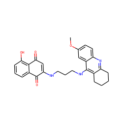 COc1ccc2nc3c(c(NCCCNC4=CC(=O)c5c(O)cccc5C4=O)c2c1)CCCC3 ZINC000299821044