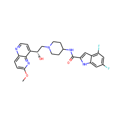 COc1ccc2nccc([C@@H](O)CN3CCC(NC(=O)c4cc5c(F)cc(F)cc5[nH]4)CC3)c2n1 ZINC000045167642