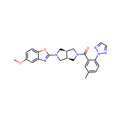 COc1ccc2oc(N3C[C@H]4CN(C(=O)c5cc(C)ccc5-n5nccn5)C[C@H]4C3)nc2c1 ZINC001772570612
