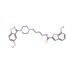 COc1ccc2onc(N3CCN(CCCCNC(=O)c4cc5cccc(OC)c5o4)CC3)c2c1 ZINC000013679076