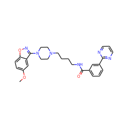 COc1ccc2onc(N3CCN(CCCCNC(=O)c4cccc(-c5ncccn5)c4)CC3)c2c1 ZINC000013679106