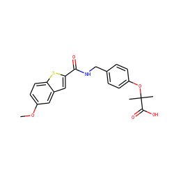 COc1ccc2sc(C(=O)NCc3ccc(OC(C)(C)C(=O)O)cc3)cc2c1 ZINC000028979036