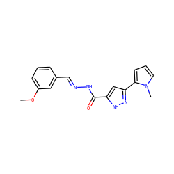 COc1cccc(/C=N/NC(=O)c2cc(-c3cccn3C)n[nH]2)c1 ZINC000018211928