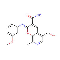 COc1cccc(/N=c2\oc3c(C)ncc(CO)c3cc2C(N)=O)c1 ZINC000100086938