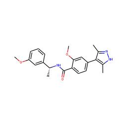 COc1cccc([C@@H](C)NC(=O)c2ccc(-c3c(C)n[nH]c3C)cc2OC)c1 ZINC001772621454