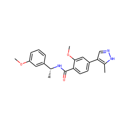 COc1cccc([C@@H](C)NC(=O)c2ccc(-c3cn[nH]c3C)cc2OC)c1 ZINC000224680224