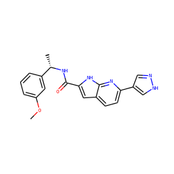 COc1cccc([C@H](C)NC(=O)c2cc3ccc(-c4cn[nH]c4)nc3[nH]2)c1 ZINC000073195592