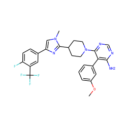 COc1cccc(-c2c(N)ncnc2N2CCC(c3nc(-c4ccc(F)c(C(F)(F)F)c4)cn3C)CC2)c1 ZINC000219092586