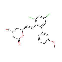 COc1cccc(-c2cc(Cl)cc(Cl)c2/C=C/[C@@H]2C[C@@H](O)CC(=O)O2)c1 ZINC000029483699