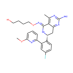 COc1cccc(-c2cc(F)ccc2[C@H]2Cc3nc(N)nc(C)c3/C(=N/OCCCCO)N2)n1 ZINC000116438628