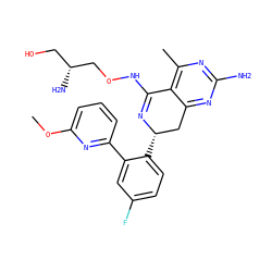 COc1cccc(-c2cc(F)ccc2[C@H]2Cc3nc(N)nc(C)c3C(NOC[C@H](N)CO)=N2)n1 ZINC000088285792
