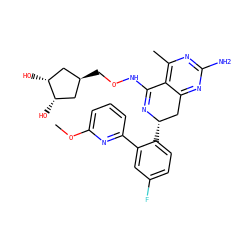 COc1cccc(-c2cc(F)ccc2[C@H]2Cc3nc(N)nc(C)c3C(NOC[C@H]3C[C@H](O)[C@H](O)C3)=N2)n1 ZINC000261168224