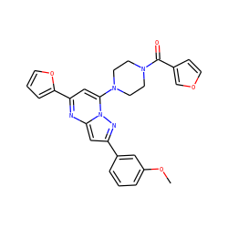 COc1cccc(-c2cc3nc(-c4ccco4)cc(N4CCN(C(=O)c5ccoc5)CC4)n3n2)c1 ZINC000095566429